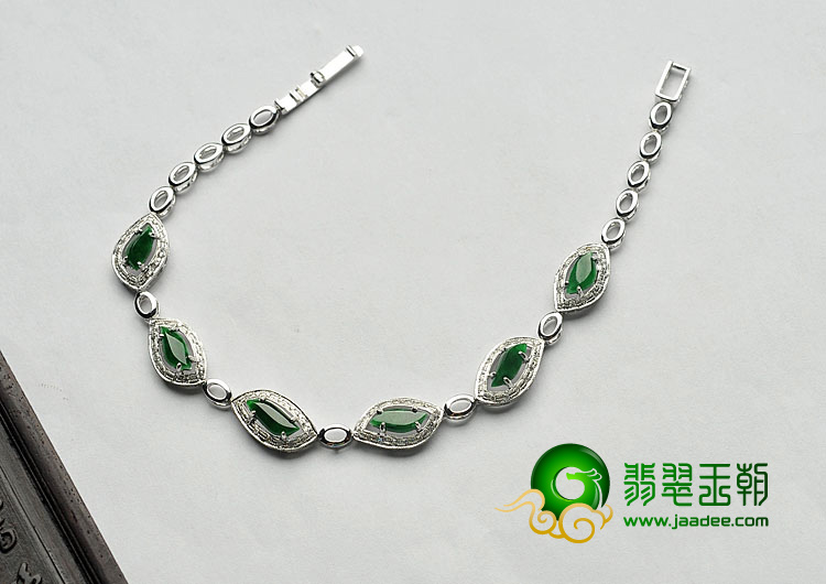 糯冰种浓绿缅甸翡翠A货镶白金手链（真钻）