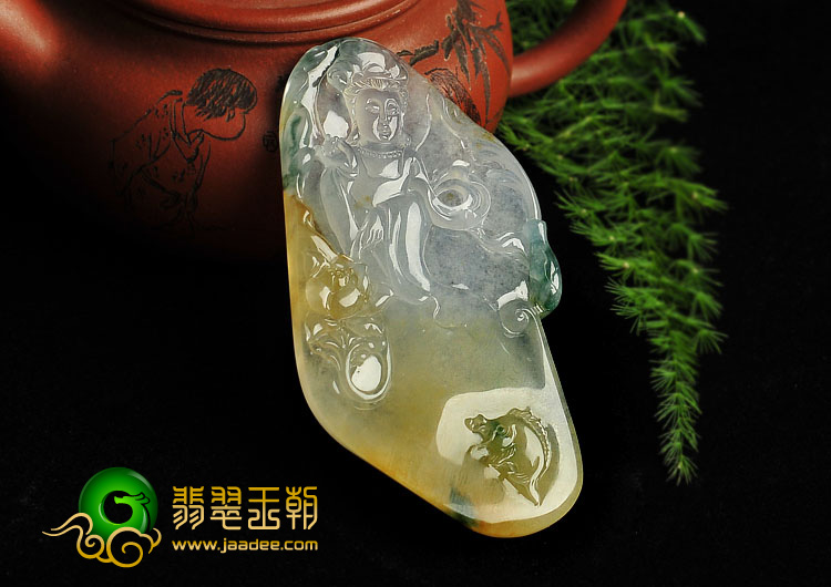 冰种三彩缅甸翡翠A货观音挂件