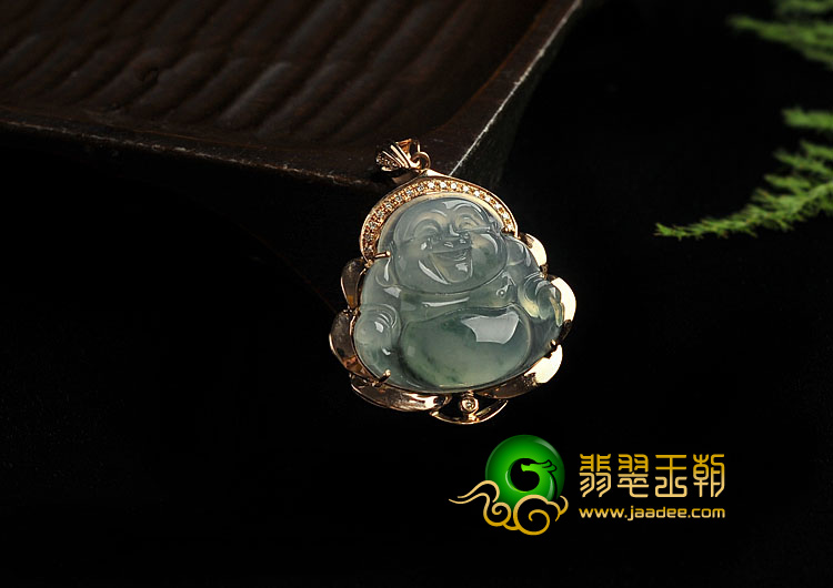 冰种飘花缅甸翡翠A货镶玫瑰金玉佛胸坠（真钻）