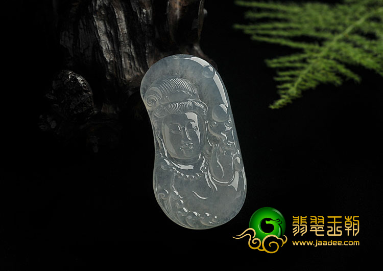 冰种略飘花缅甸翡翠A货观音头挂件