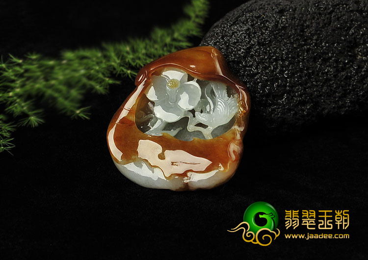 糯冰种褐黄翡缅甸翡翠A货鸟语花香挂件