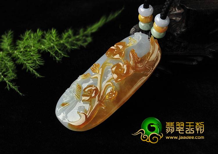 糯冰种褐黄翡缅甸翡翠A货鸟语花香挂件