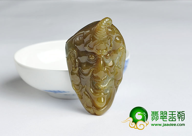 糯冰种褐黄翡缅甸翡翠A货兽头挂件