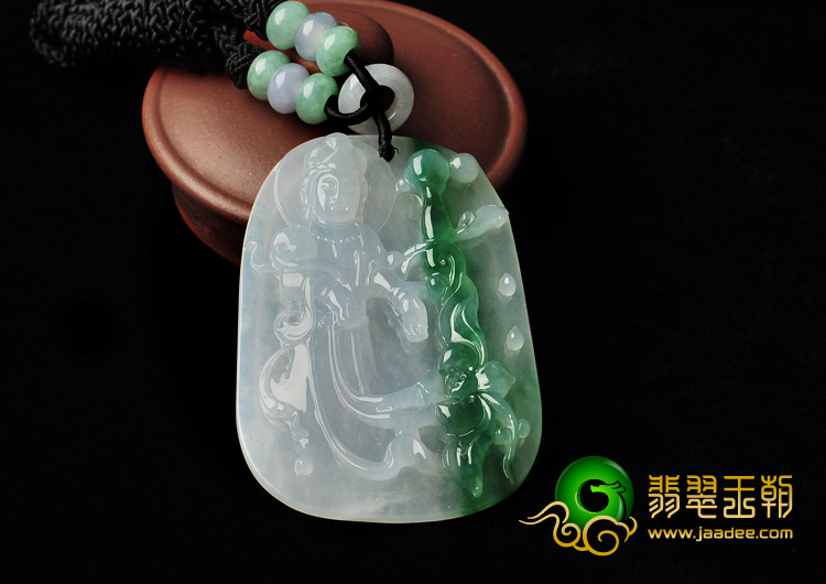 冰种飘花缅甸翡翠A货站观音挂件