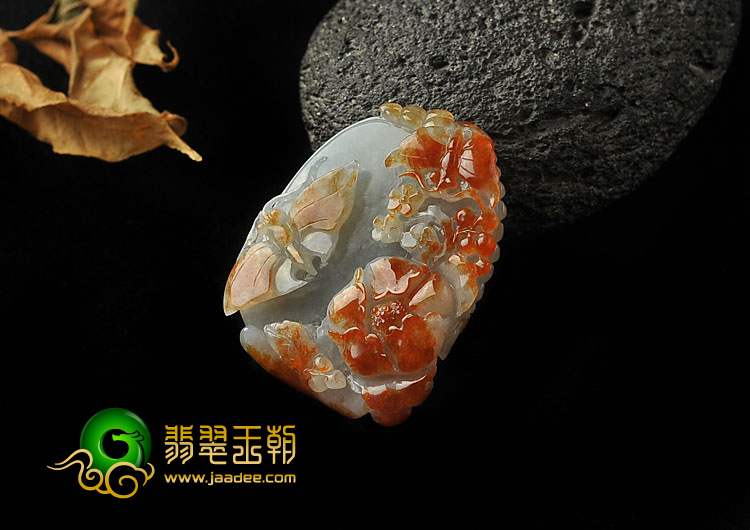 糯冰种红黄翡缅甸翡翠A货蝶恋花挂件