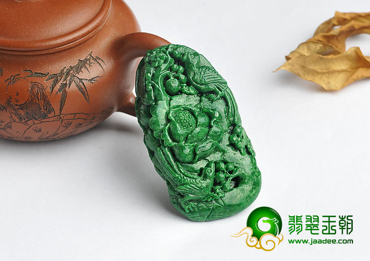细糯种浓绿缅甸翡翠A货富贵双喜挂件