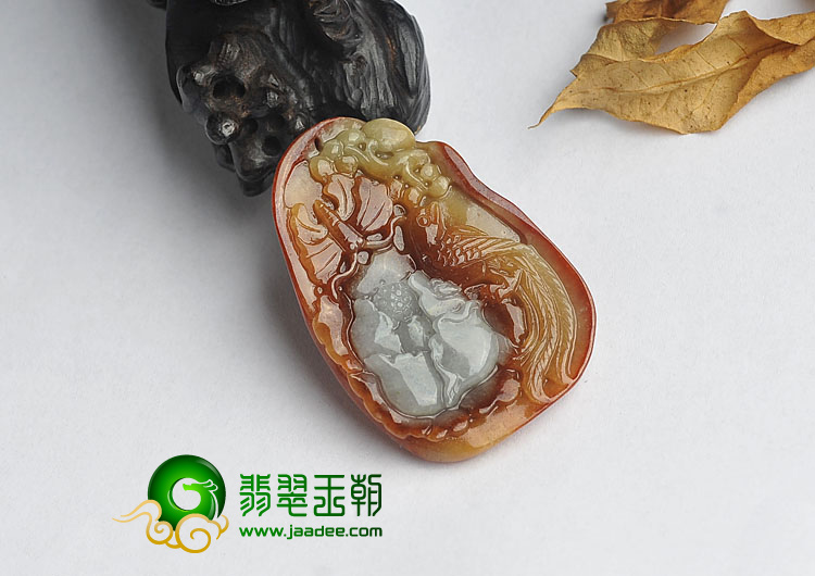 细糯种红黄翡缅甸翡翠A货凤戏牡丹挂件