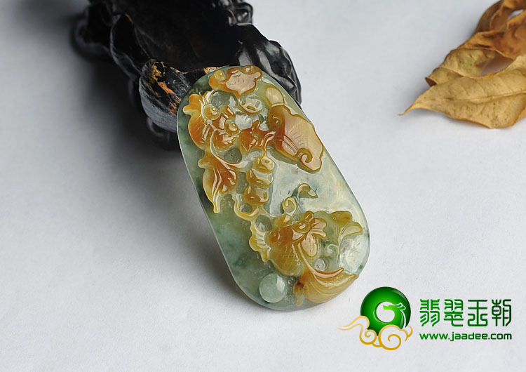 糯冰种褐黄翡缅甸翡翠A货金玉满堂挂件