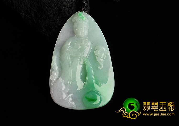 糯冰种春带彩缅甸翡翠A货观音挂件