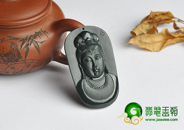 糯冰种墨翠缅甸翡翠A货观音挂件