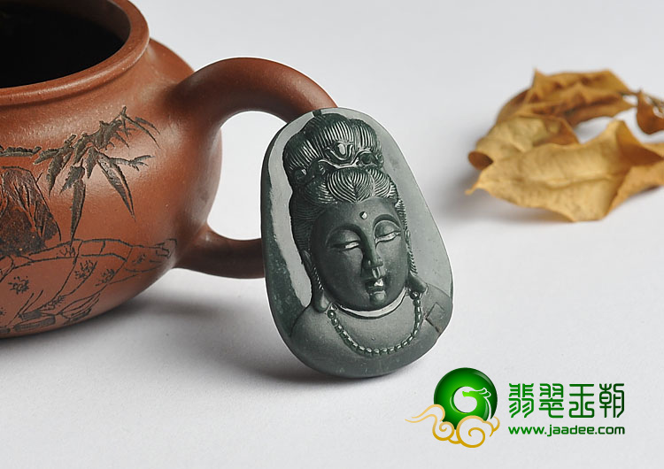 糯冰种墨翠缅甸翡翠A货观音挂件