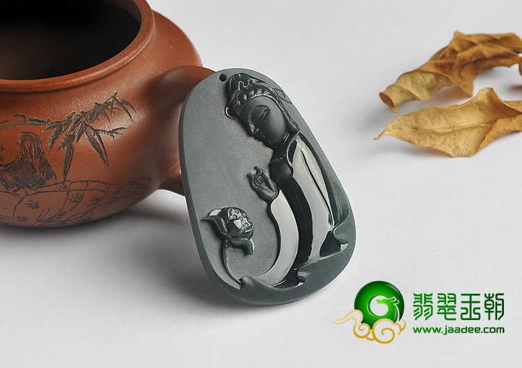 糯冰种墨翠缅甸翡翠A货观音挂件