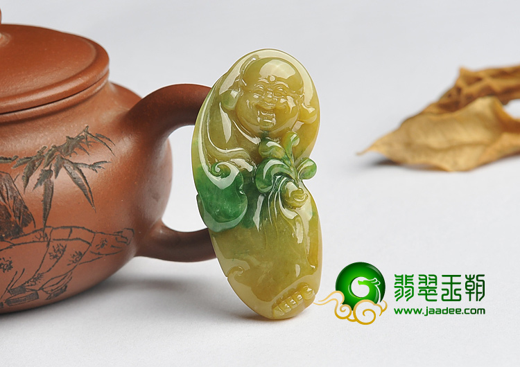 糯冰种黄加绿缅甸翡翠A货玉佛挂件
