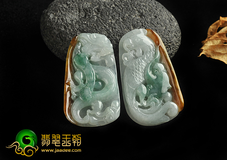 糯冰种三彩缅甸翡翠A货龙凤呈祥挂件（一对）