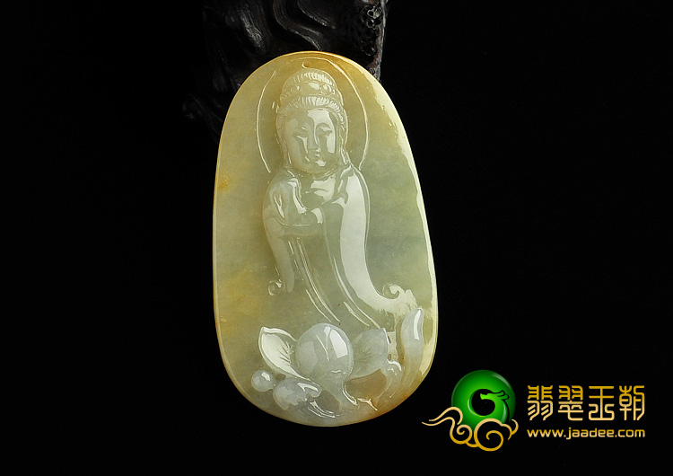 糯冰种黄翡缅甸翡翠A货站观音挂件