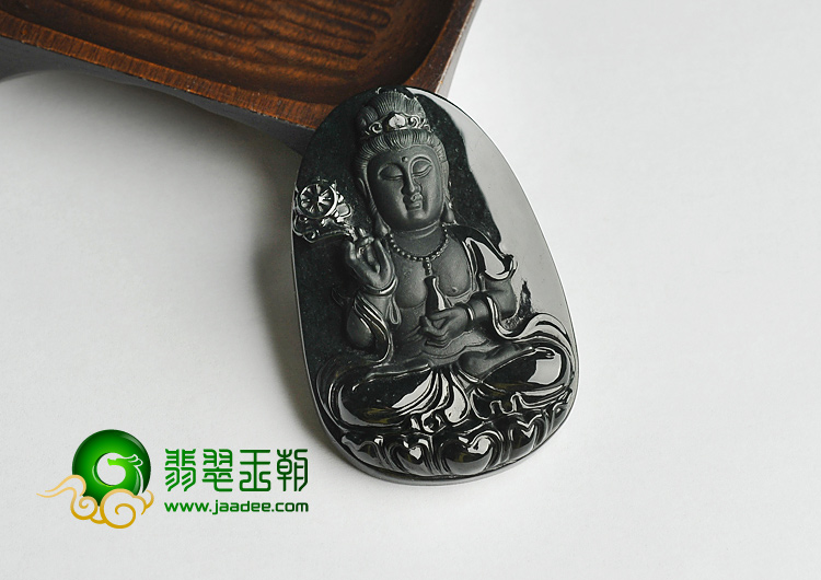 细糯种墨翠缅甸翡翠A货观音挂件