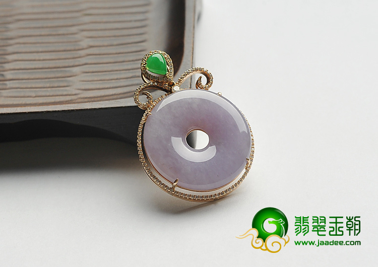 糯冰种紫罗兰缅甸翡翠A货镶玫瑰金平安扣挂件（真钻）