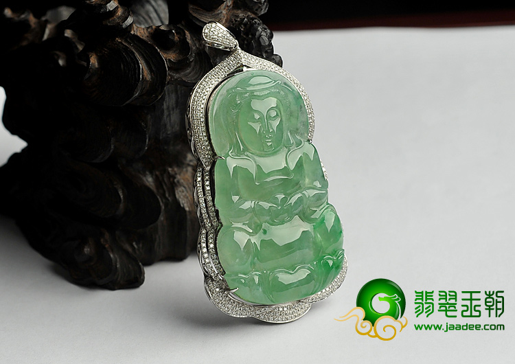 冰种绿晴水飘翠缅甸翡翠A货镶白金观音挂件（真钻）