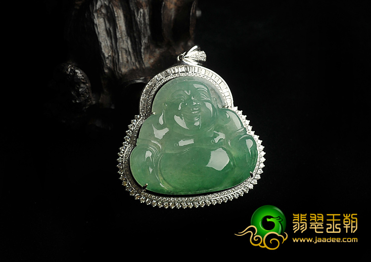 冰种绿晴水飘翠缅甸翡翠A货镶白金玉佛挂件（真钻）