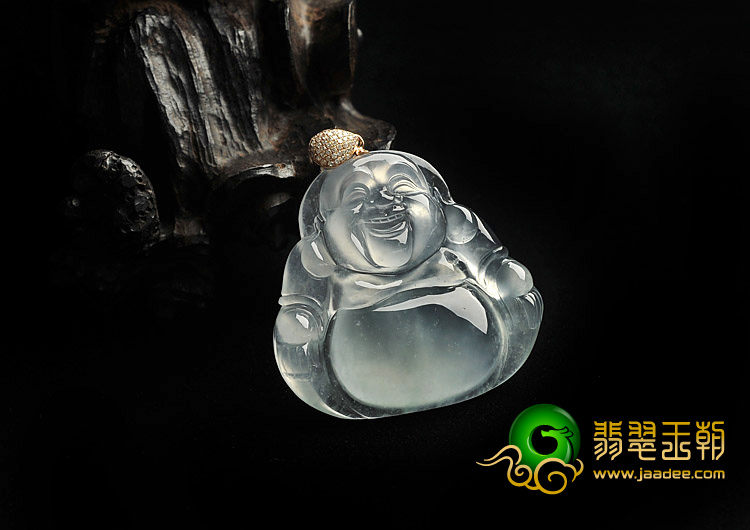玻璃种无色缅甸翡翠A货玉佛挂件（金扣）