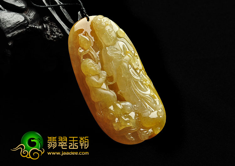 冰种黄翡缅甸翡翠A货童子拜观音挂件