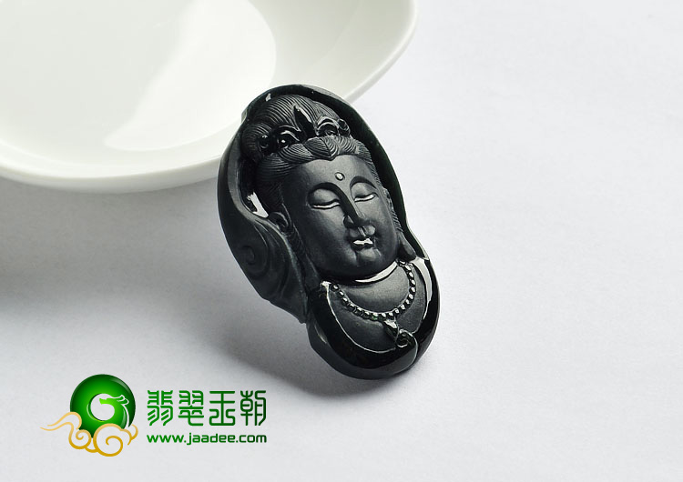 冰种墨翠缅甸翡翠A货观音头挂件