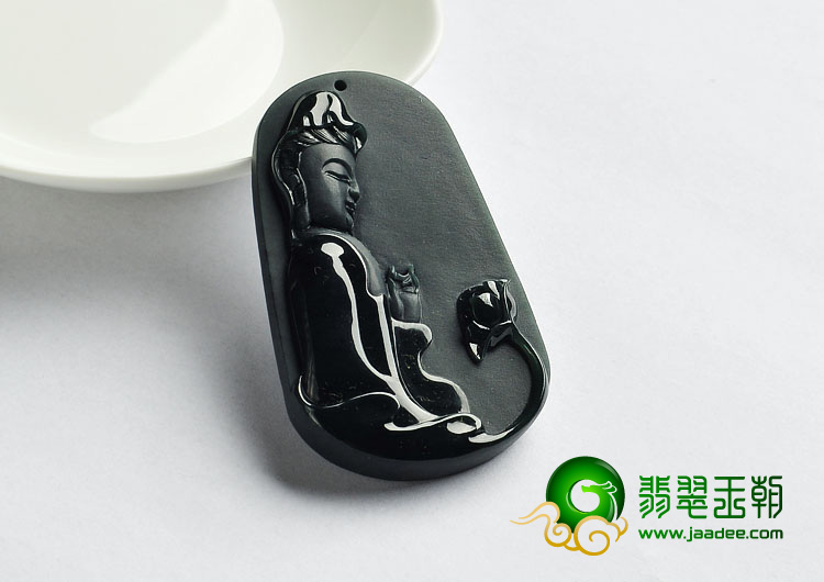 糯冰种墨翠缅甸翡翠A货观音挂件