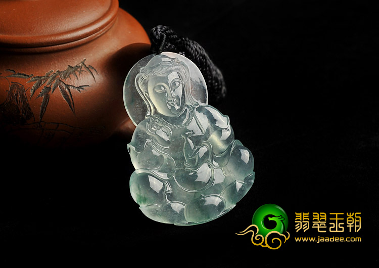 冰玻种飘花缅甸翡翠A货观音挂件