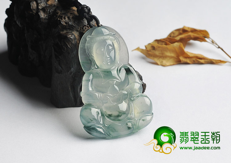 冰玻种飘花缅甸翡翠A货观音挂件
