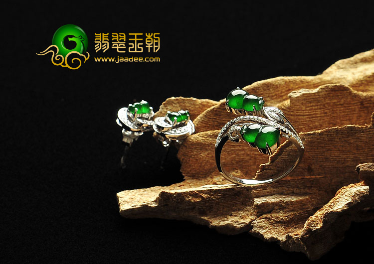 冰种帝王绿缅甸翡翠A货镶白金葫芦戒指/耳钉（一套）（真钻）