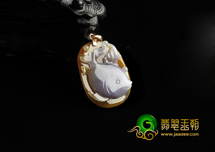 糯冰种紫罗兰黄翡缅甸翡翠A货小鱼挂件（金扣）