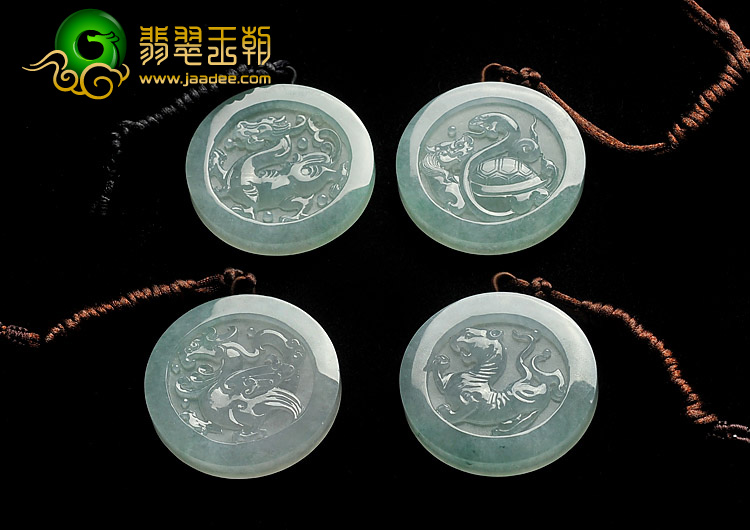 冰种晴水缅甸翡翠A货古代四神兽挂件