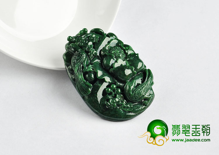 细糯种浓绿缅甸翡翠A货富贵双喜挂件