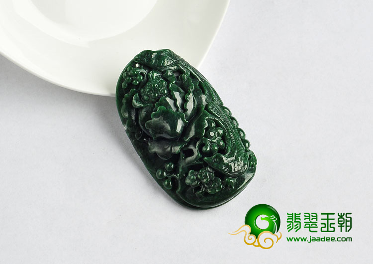细糯种浓绿缅甸翡翠A货富贵双喜挂件