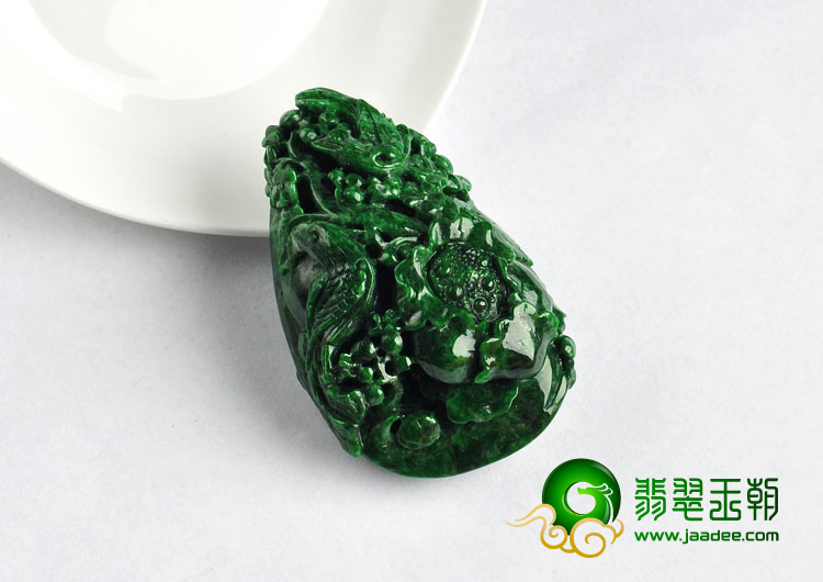 细糯种浓绿缅甸翡翠A货富贵双喜挂件