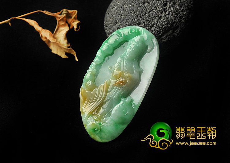 糯冰种黄加绿缅甸翡翠A货观音挂件