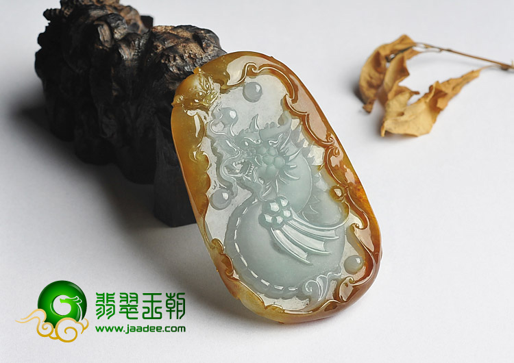 冰种褐黄翡晴水缅甸翡翠A货龙牌挂件