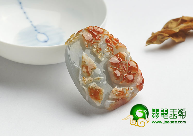 糯冰种红黄翡缅甸翡翠A货蝶恋花挂件