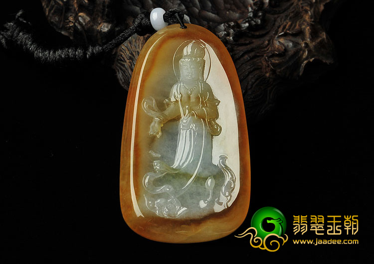 冰种褐黄翡缅甸翡翠A货站观音挂件