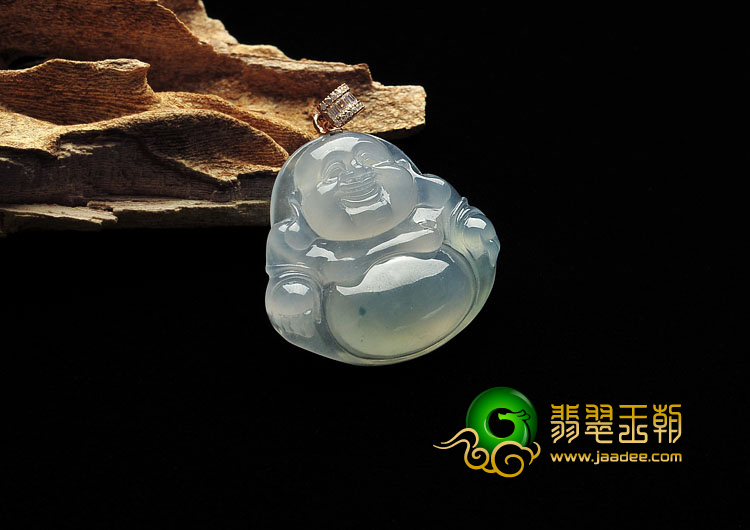 冰玻种略飘花缅甸翡翠A货玉佛挂件（金扣）