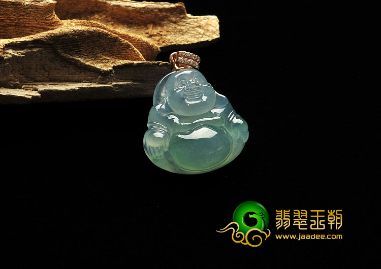 冰种晴水略飘花缅甸翡翠A货玉佛挂件（金扣）