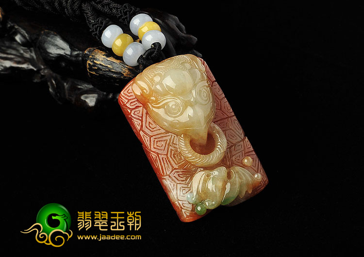 糯冰种黄加绿缅甸翡翠A货兽头挂件