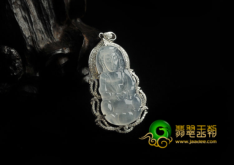 冰玻种无色缅甸翡翠A货镶白金观音挂件（真钻）