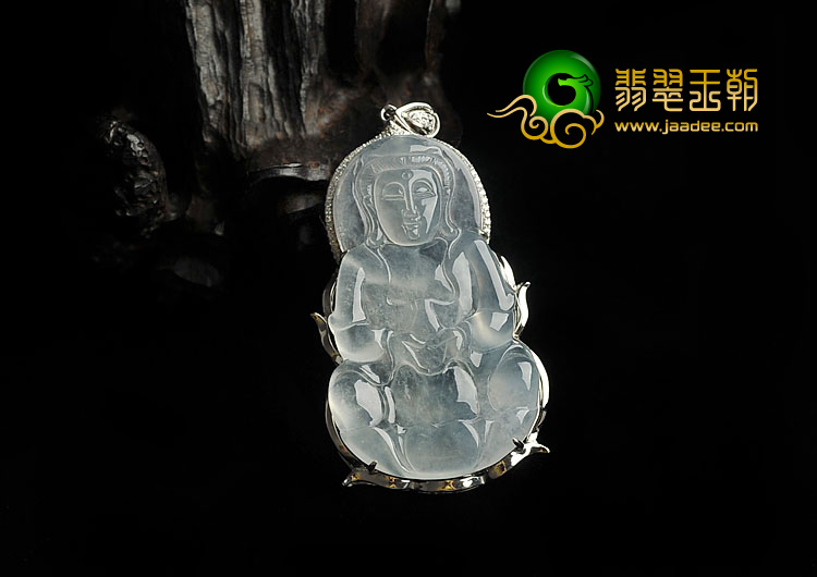 冰玻种无色缅甸翡翠A货镶白金观音挂件（真钻）
