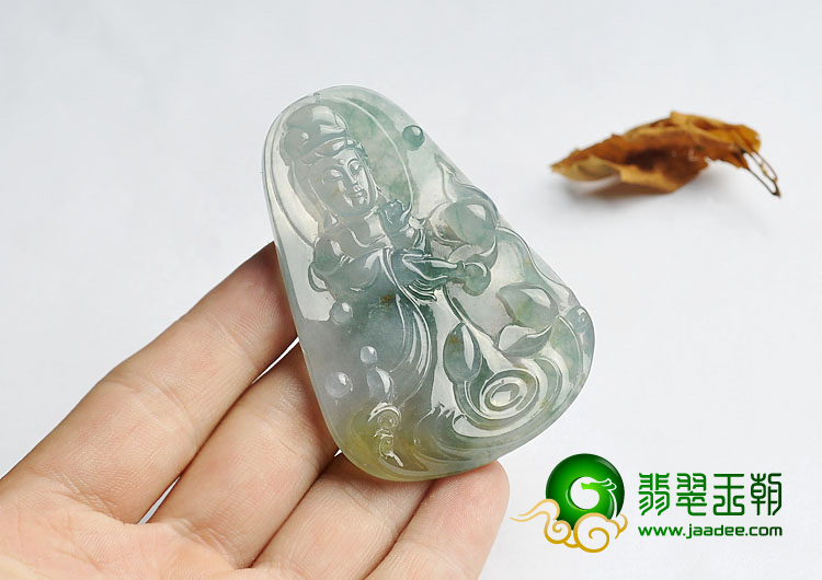 冰种晴水飘花略带黄翡缅甸翡翠A货站观音挂件