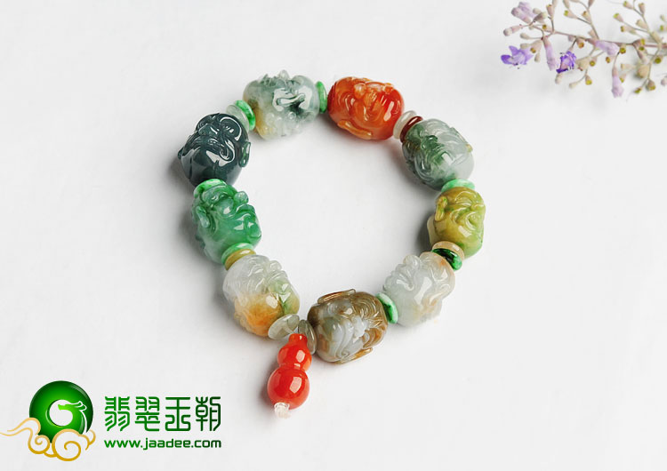 糯冰种多彩缅甸翡翠A货罗汉头手链