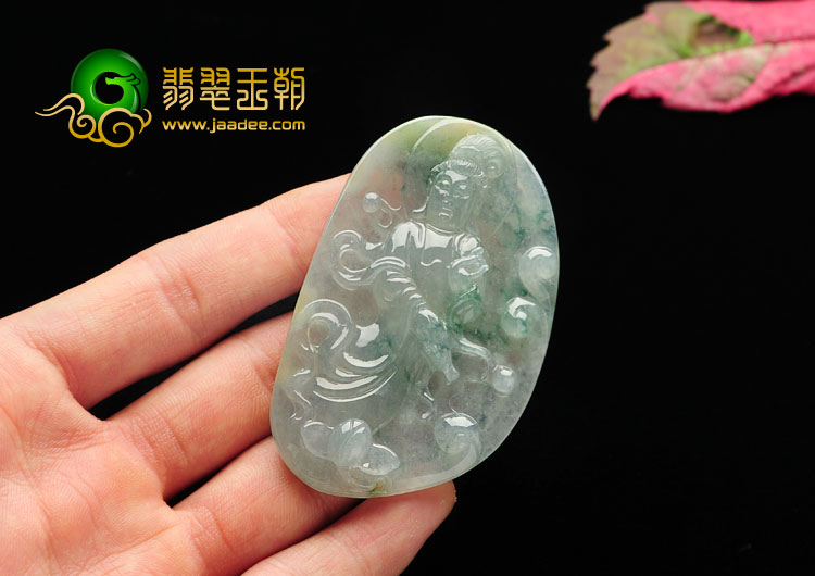 冰种飘花缅甸翡翠A货站观音挂件