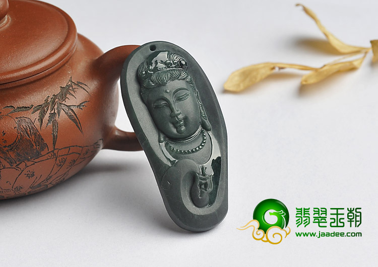 冰种墨翠缅甸翡翠A货观音挂件