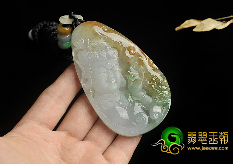 冰种三彩缅甸翡翠A货降龙观音挂件