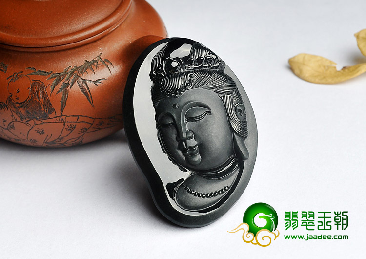 冰种墨翠缅甸翡翠A货观音头挂件